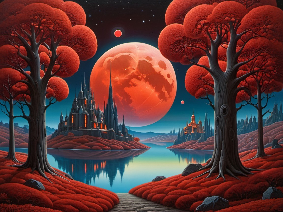 Surreal Landscape with Red Trees and Castle Island
