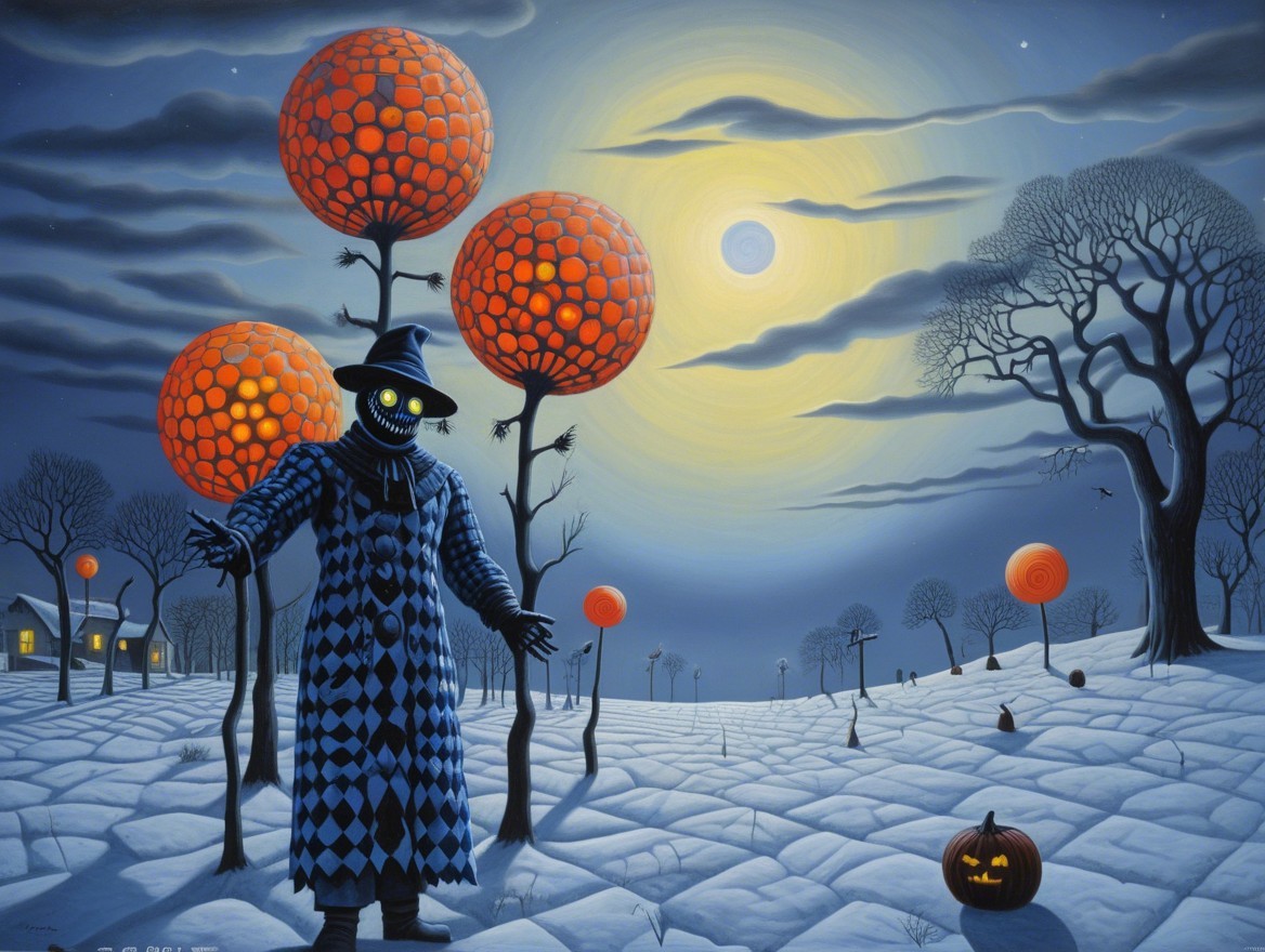 Surreal Moonlit Landscape with Spooky Figure and Trees