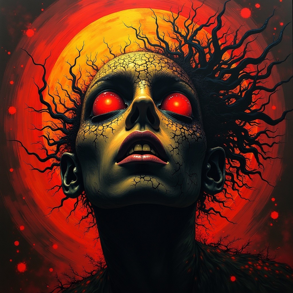 Haunting Figure Against Blood-Red Moon with Textured Skin