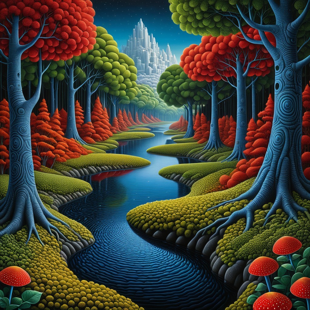 Surreal Landscape with Colorful Trees and Castle