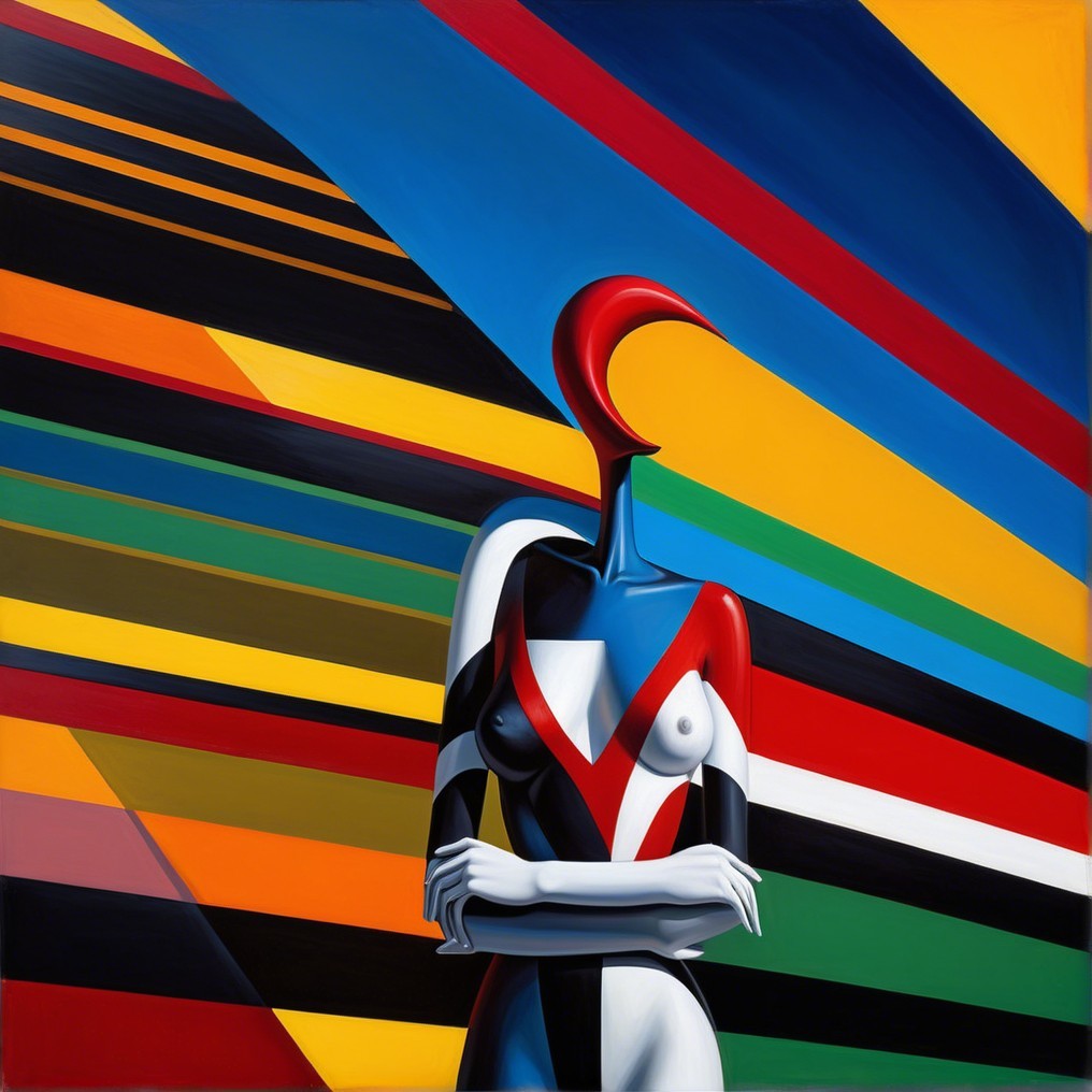 Stylized Figure with Geometric Patterns and Stripes
