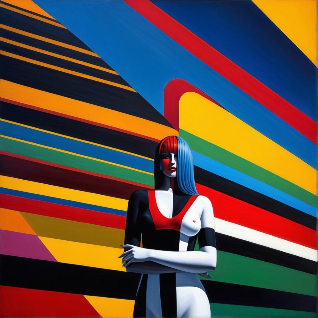 Stylized Figure with Bold Colors and Geometric Patterns