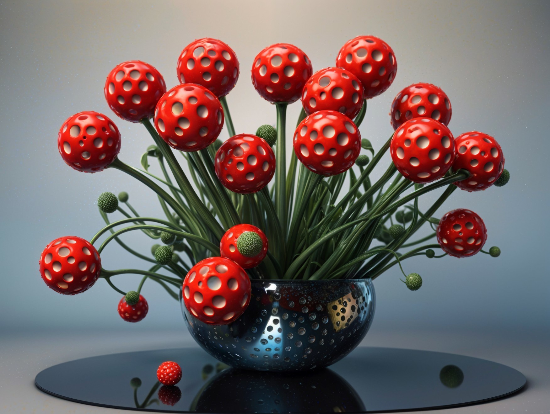 Vibrant Red Spherical Flowers in Metallic Bowl
