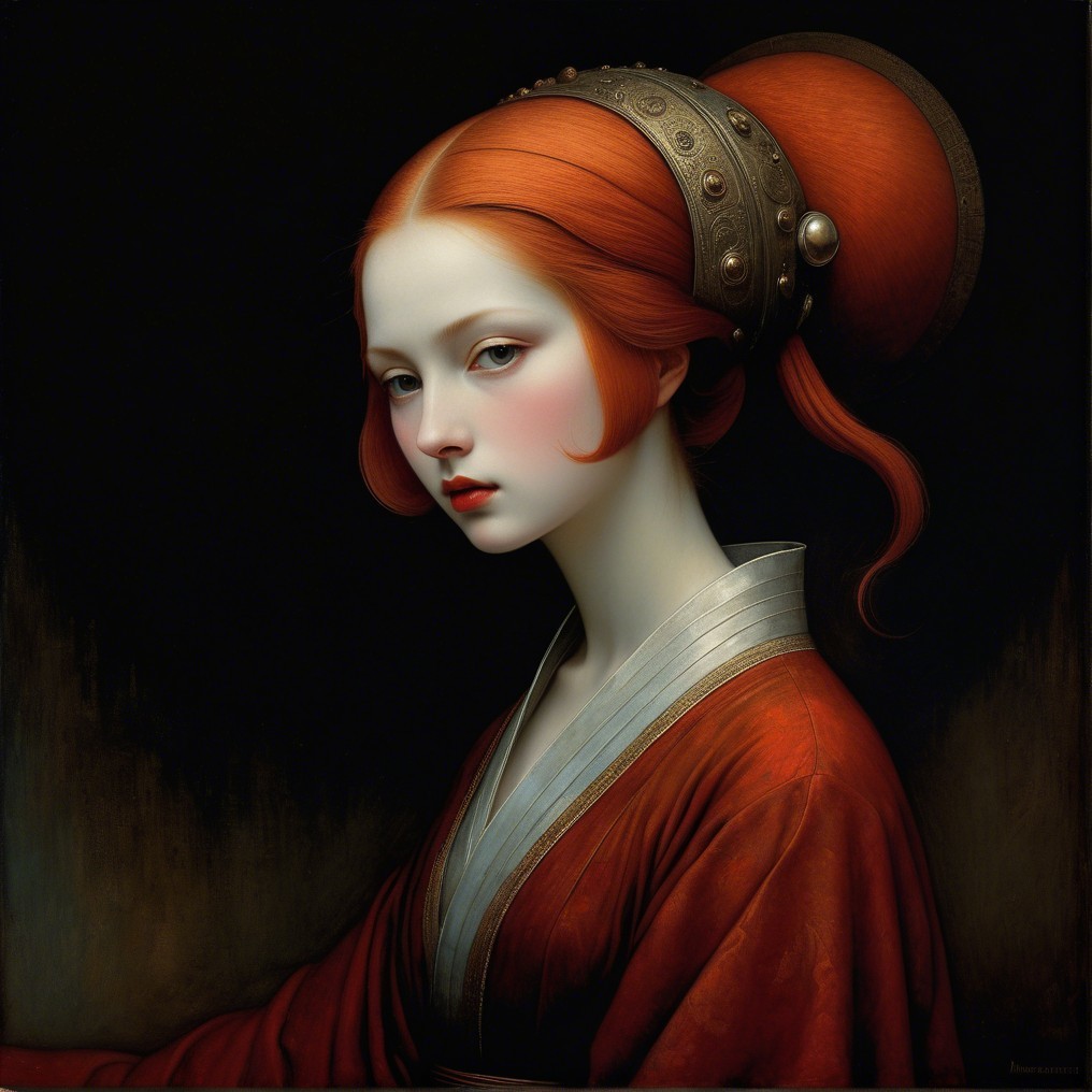 Portrait of a young woman with red hair and elegant attire