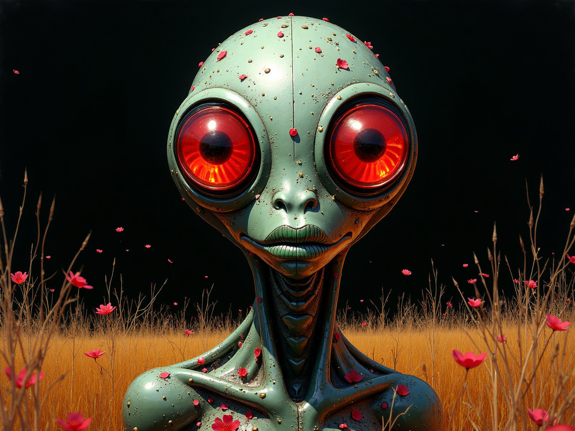 Whimsical Alien in Golden Grass and Pink Flowers