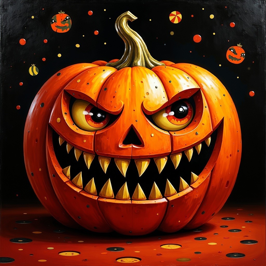 Large Pumpkin with Jagged Grin and Halloween Decor