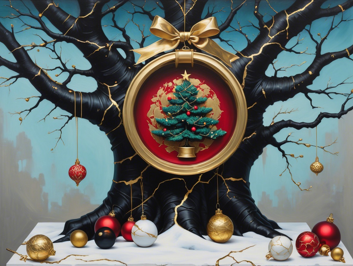 Large Dark Tree with Christmas Scene and Ornaments