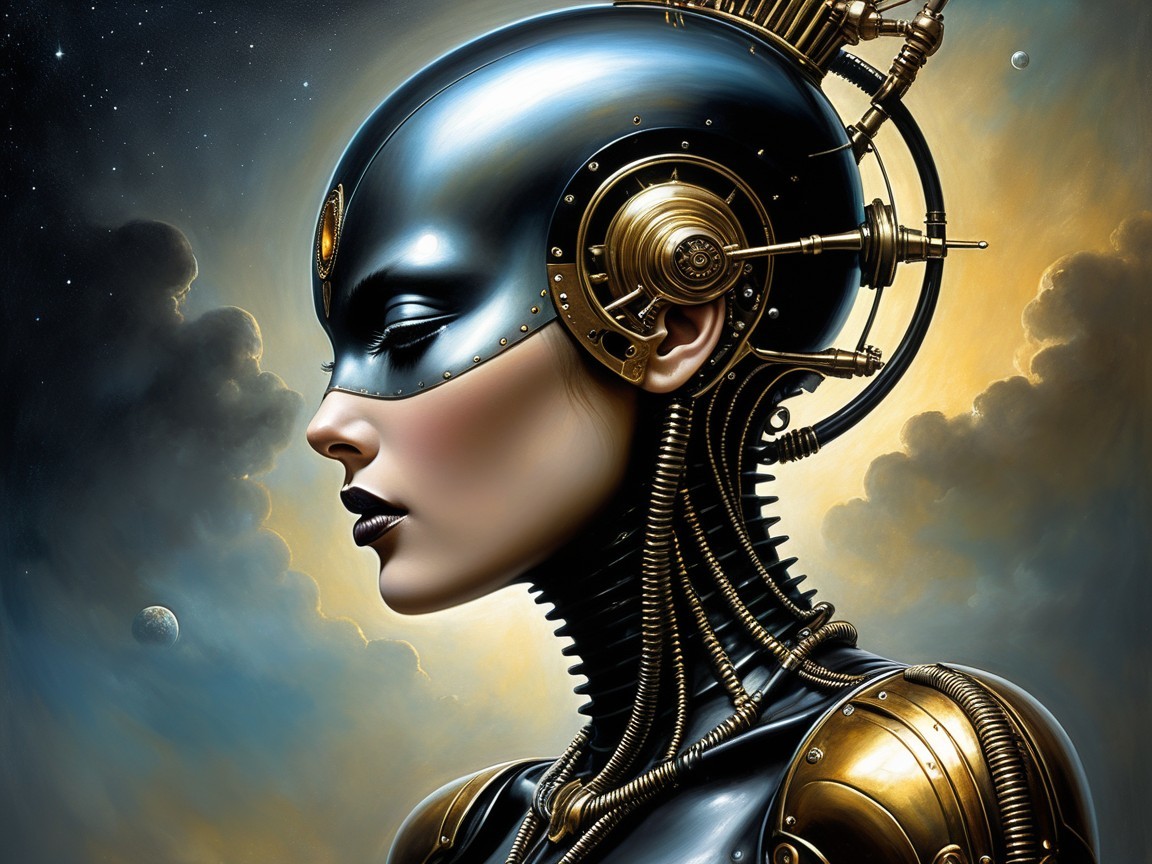 Futuristic Cyborg Woman in Cosmic Landscape