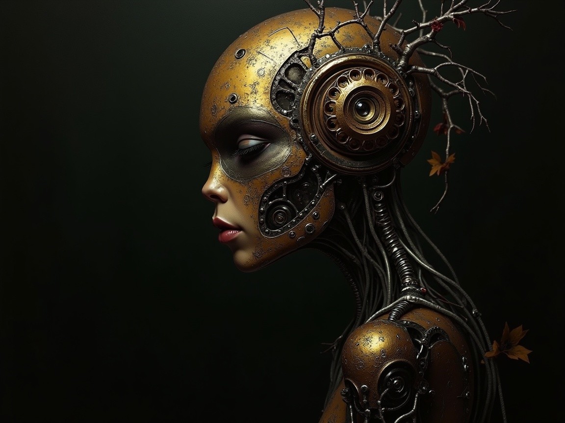 Humanoid Robot with Golden Exterior and Nature Elements