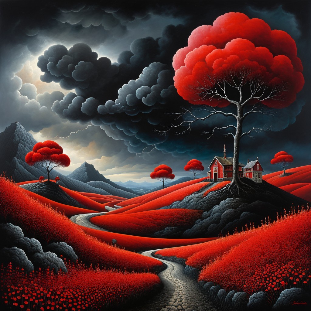 Surreal Landscape with Red Hills and Dramatic Sky