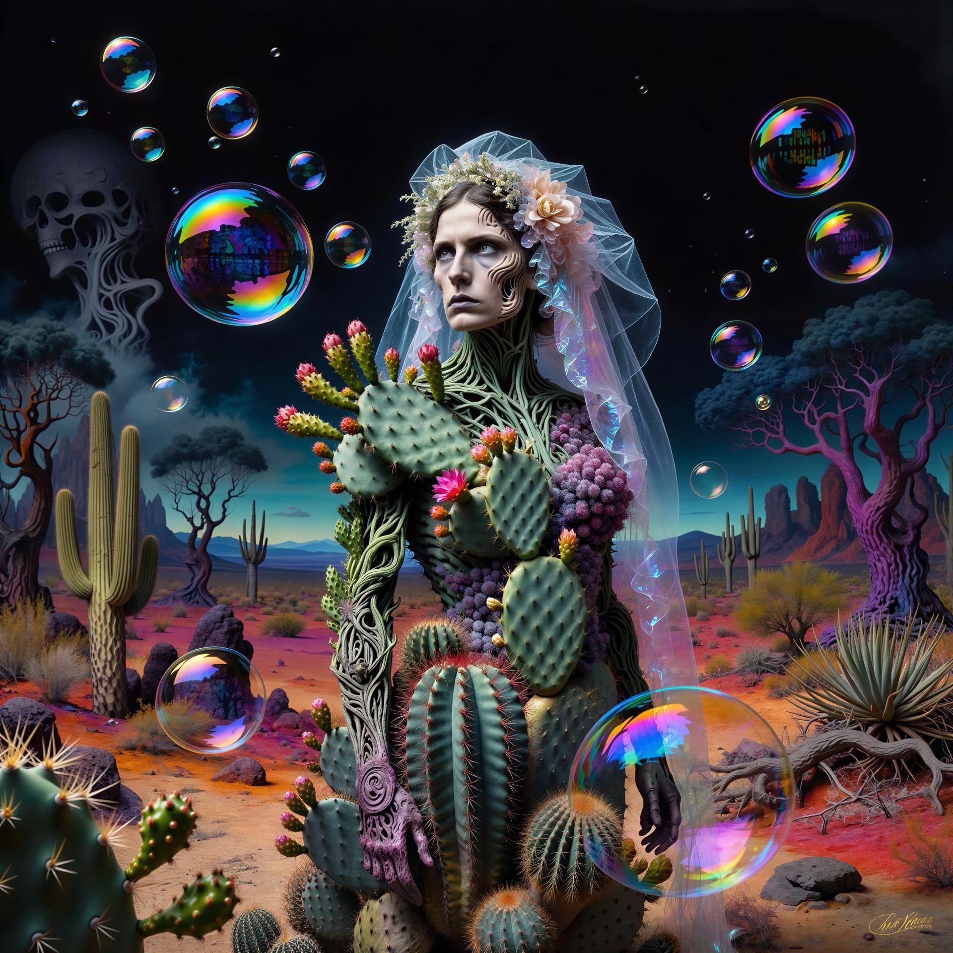 Surreal Desert Scene with Cactus Woman and Bubbles