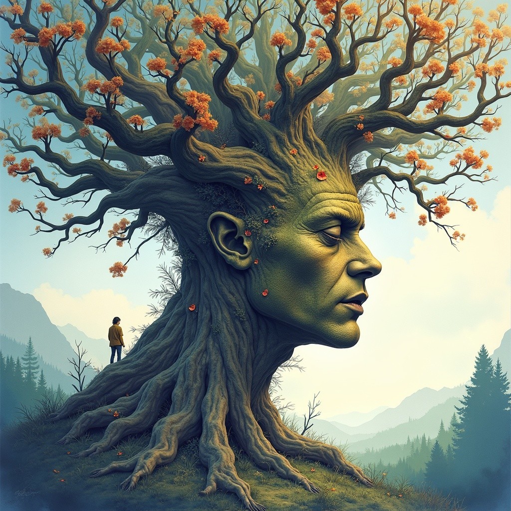 Surreal Landscape with Tree and Human Face