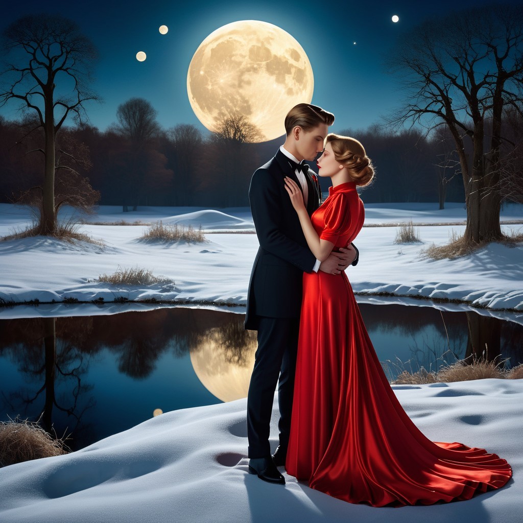 Romantic Winter Scene by a Moonlit Lake