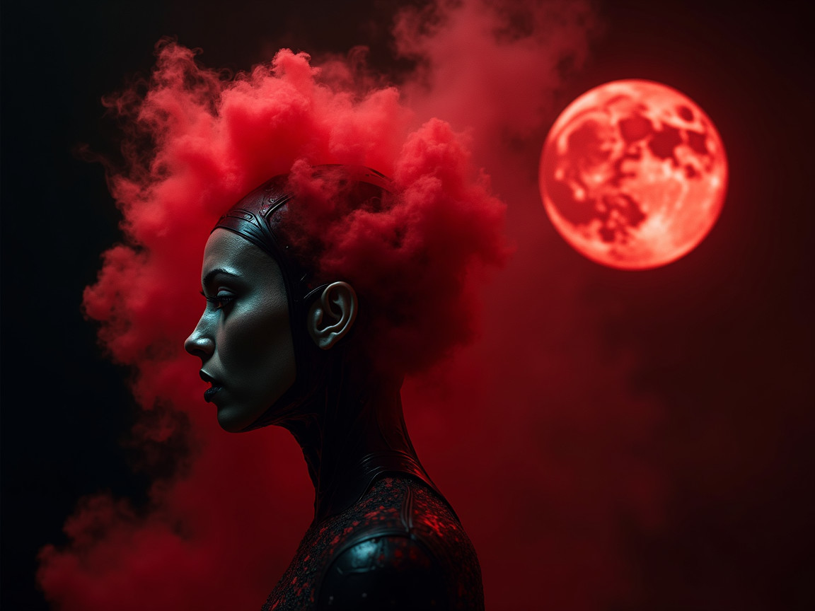 Female figure in dark bodysuit with red cloud backdrop