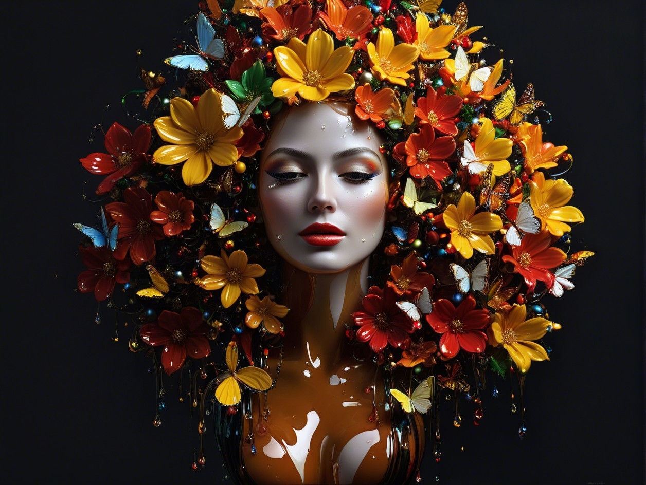 Female Bust with Floral Hair and Butterflies on Skin