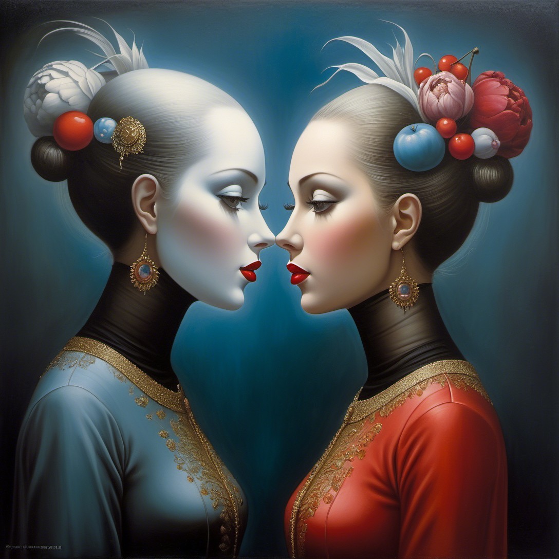 Profile of Two Women Against Deep Teal Background