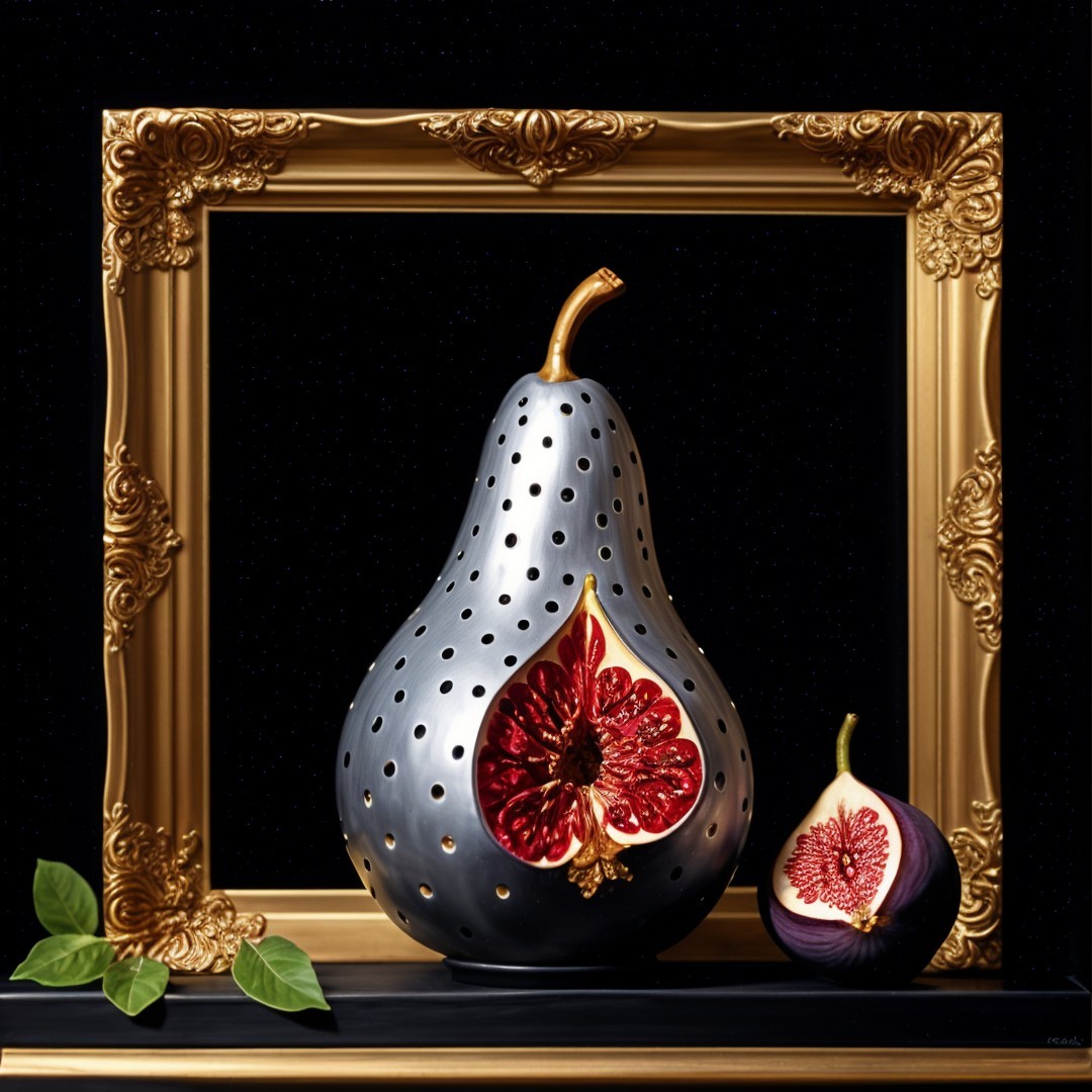 Still Life of Black Pear with Red Interior and Fig
