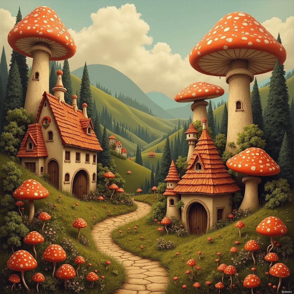 Whimsical Landscape with Colorful Mushrooms and Cottages