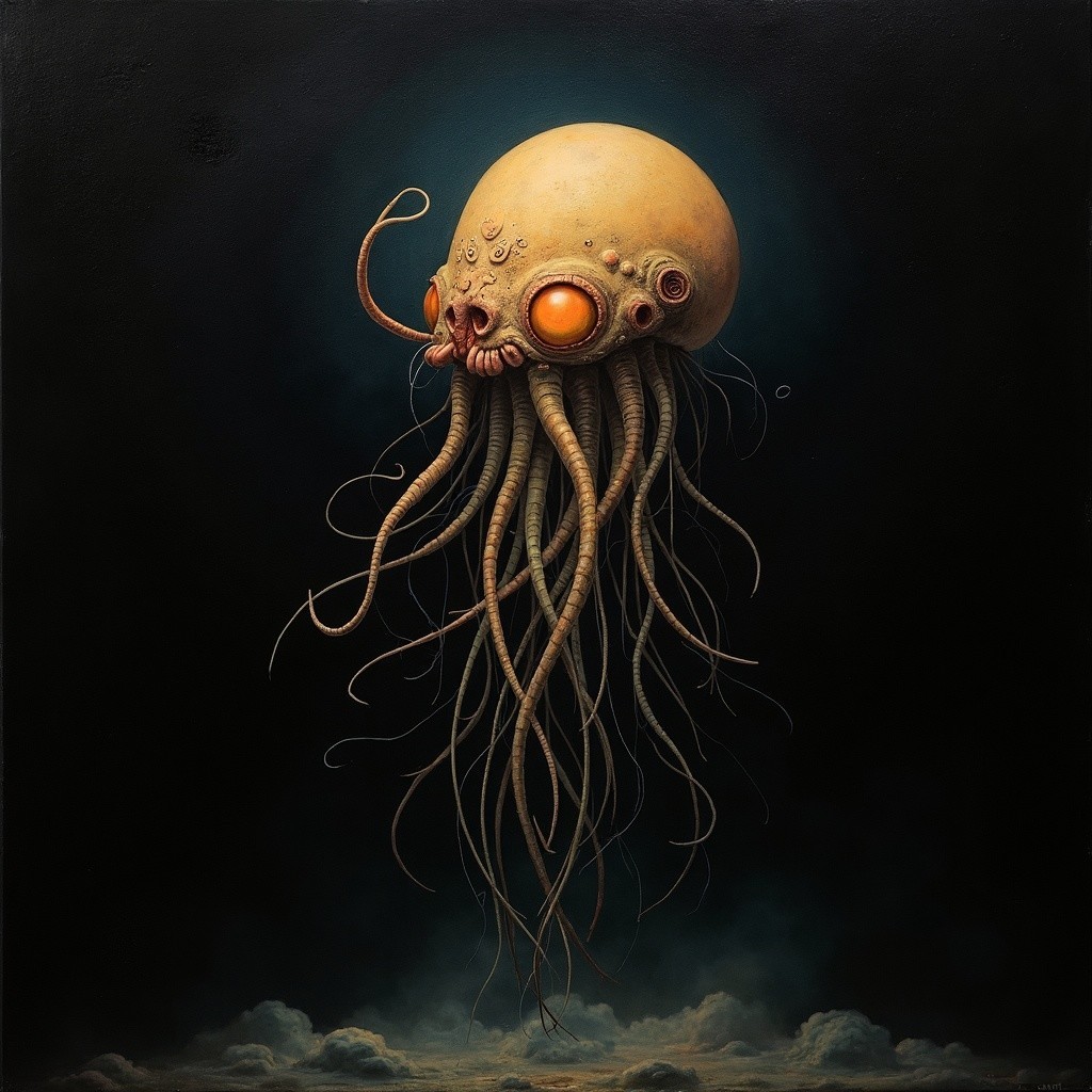 Surreal Jellyfish Creature with Glowing Eyes and Tentacles