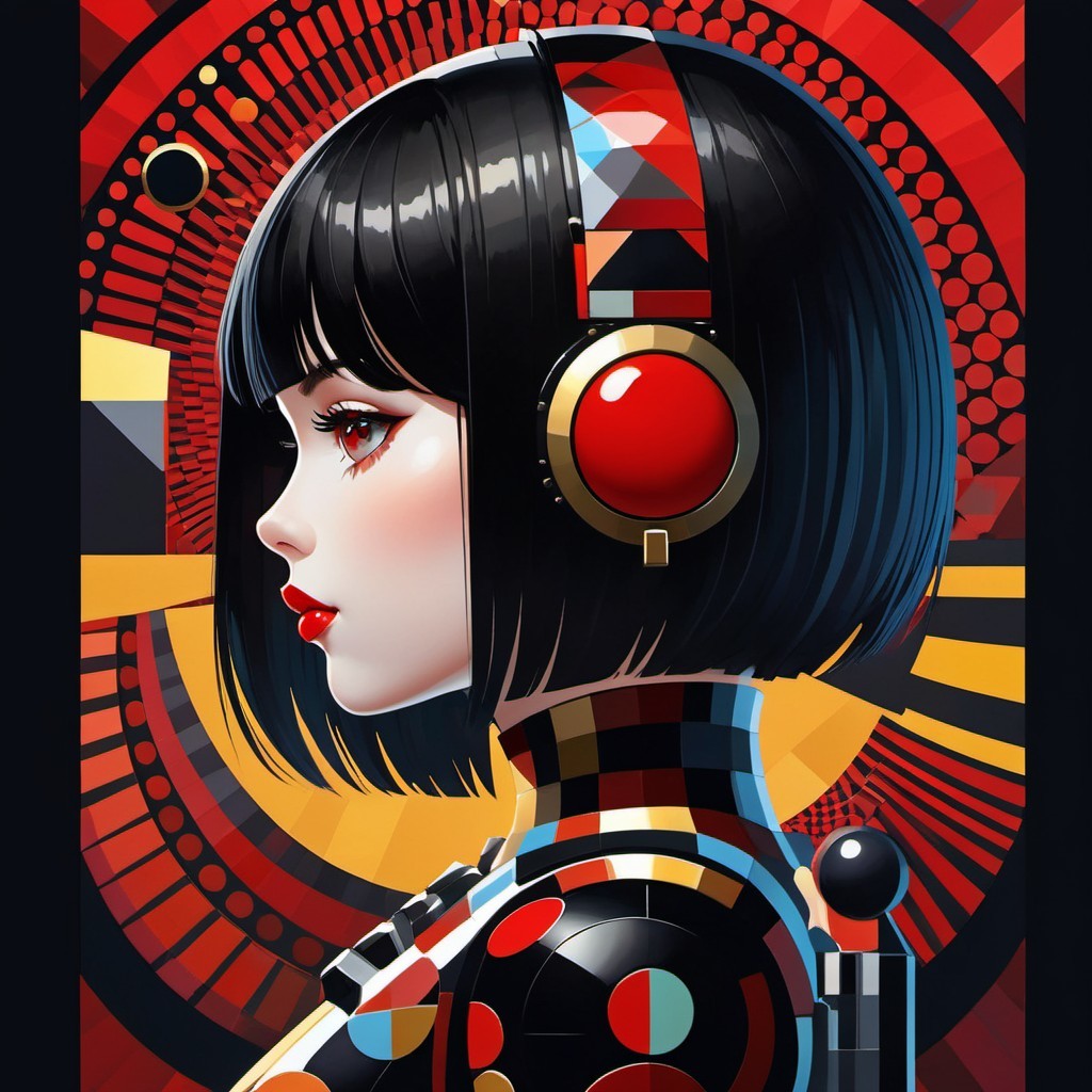 Stylized portrait of a woman with bold patterns and colors