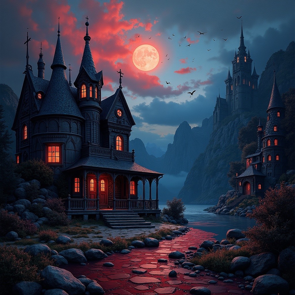 Mystical Landscape with Dark Castles and Twilight Sky