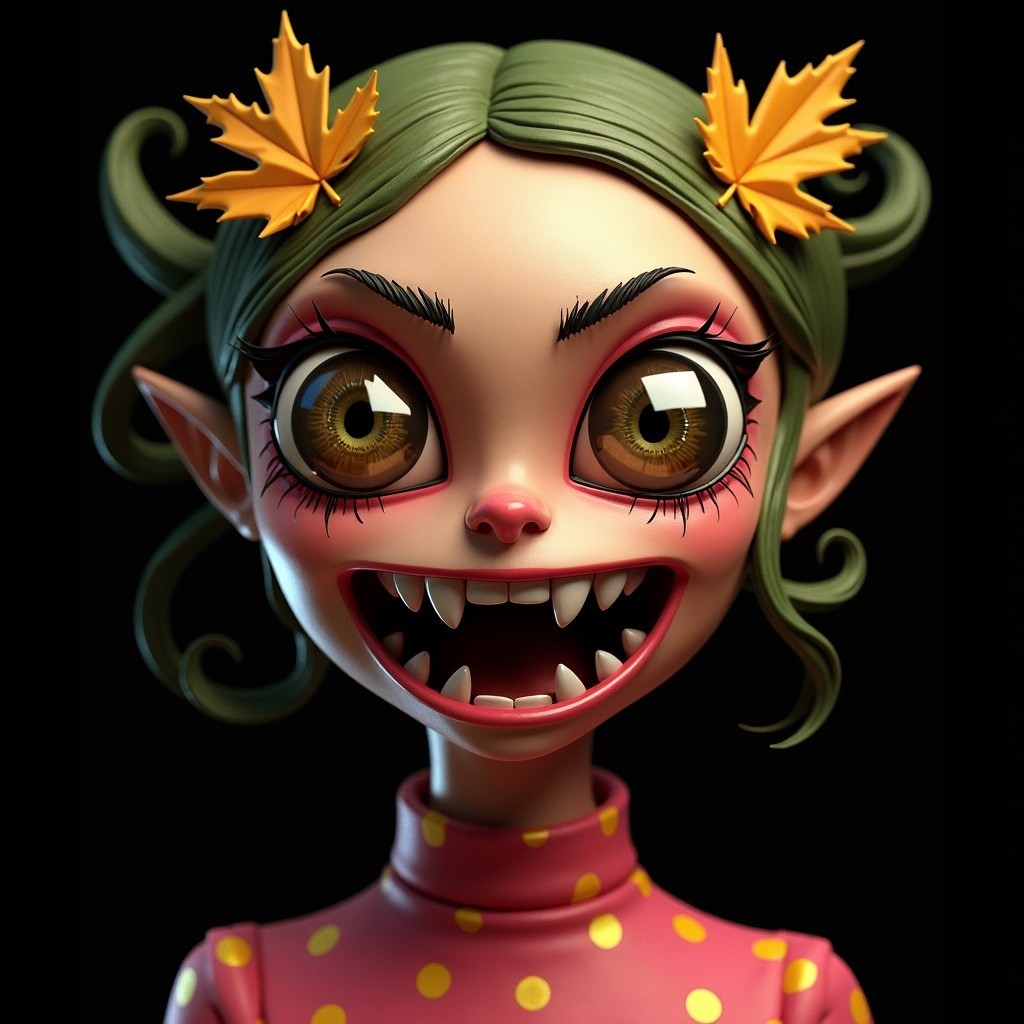 Whimsical Cartoon Character with Green Hair and Fangs