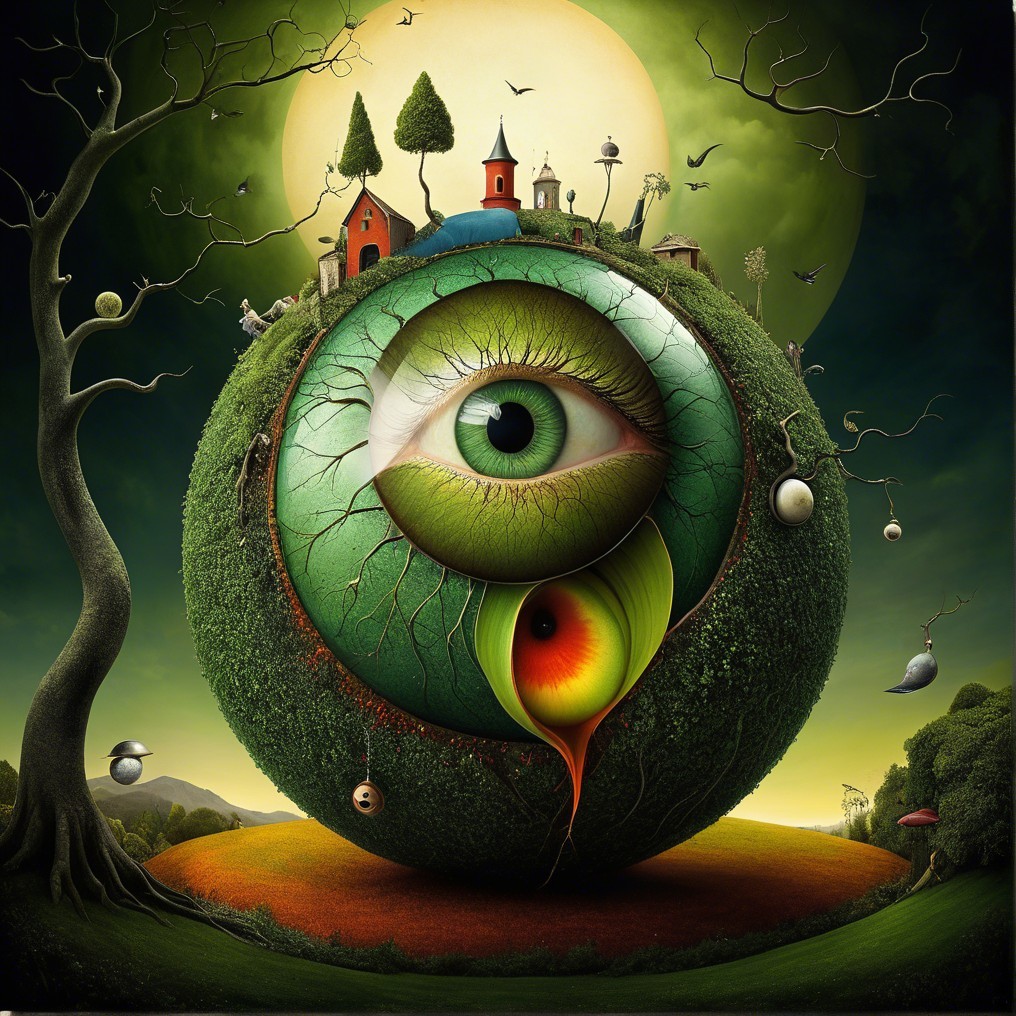 Surreal Landscape with Giant Eye and Whimsical Houses
