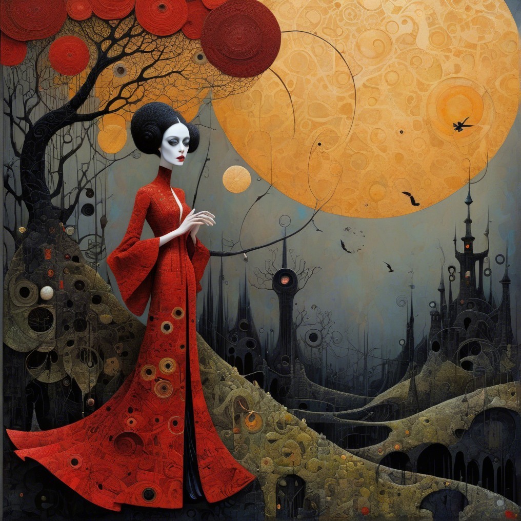Mysterious Figure in Red Gown Against Surreal Landscape