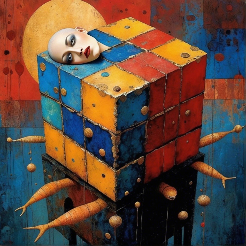 Surreal Artwork with Multicolored Rubik's Cube and Head
