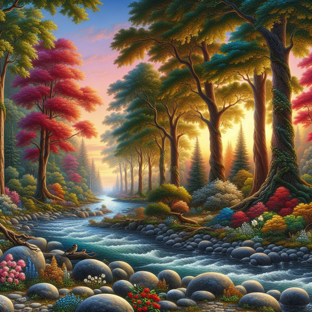 Serene Forest Landscape at Sunset with Vibrant Colors