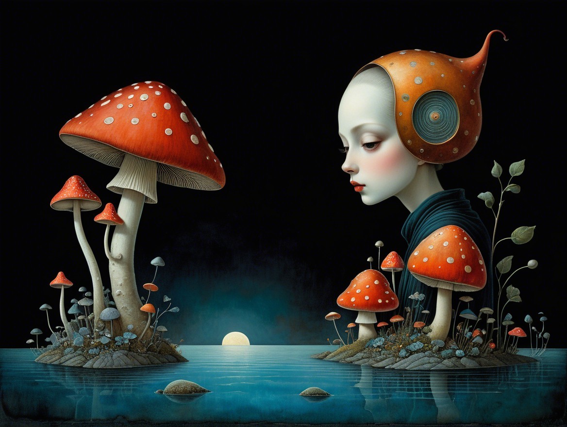 Surreal Landscape with Enigmatic Girl and Mushrooms