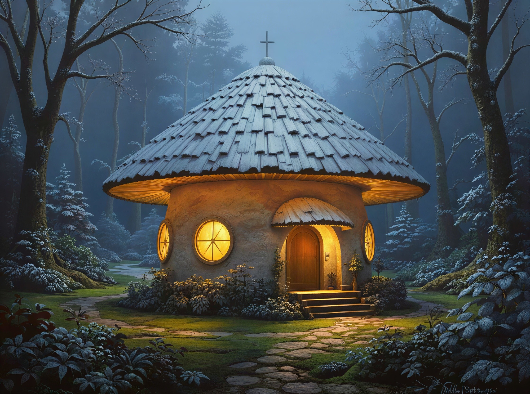Cozy Mushroom House in a Winter Forest Setting