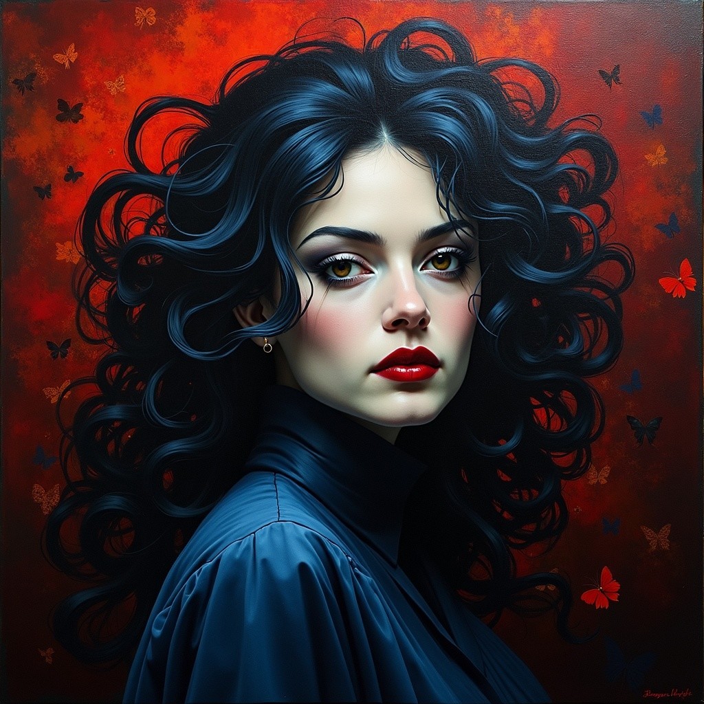 Portrait of a woman with dark curly hair and golden eyes