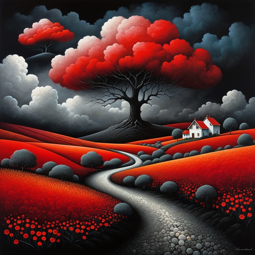 Surreal Landscape with Red Fields and Black Tree