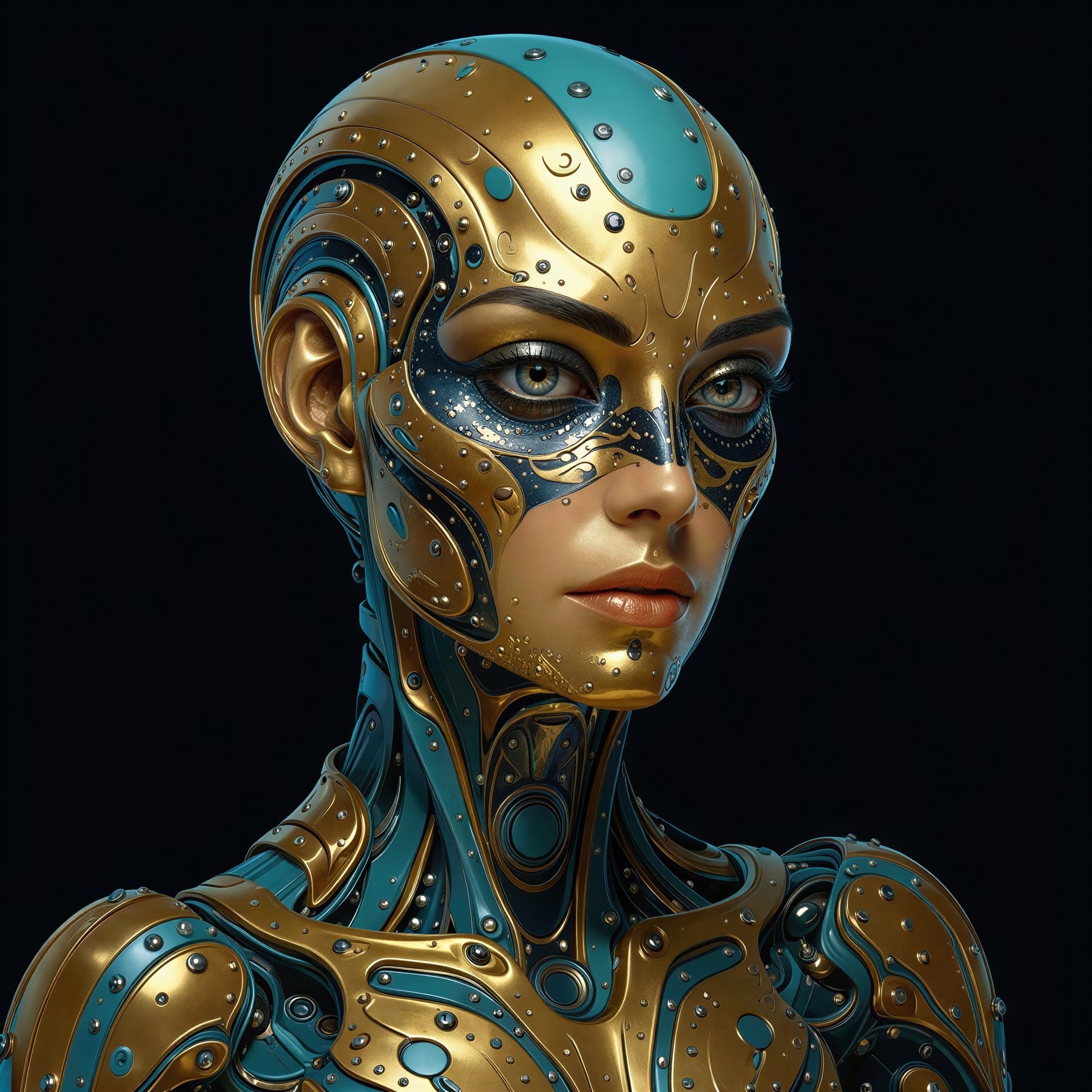 Bionic female cyborg with gold and teal plating