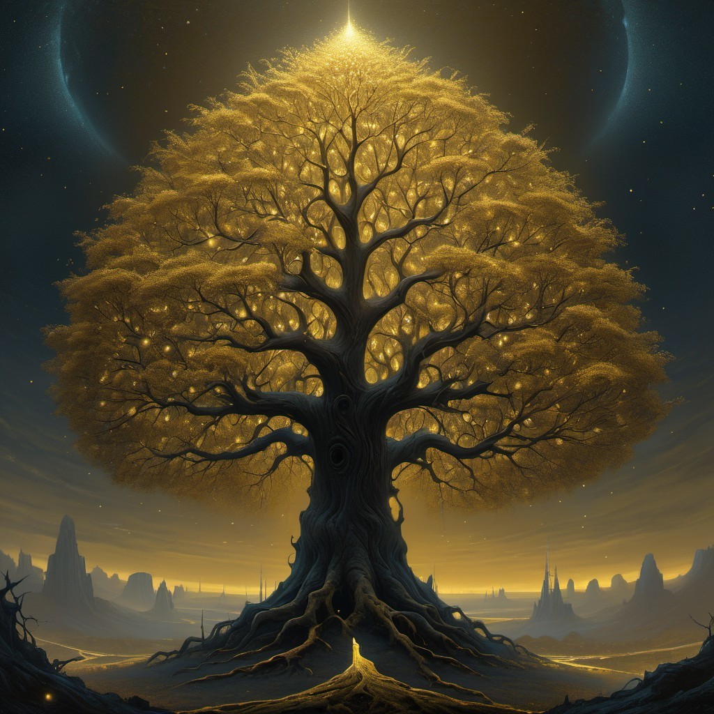 Majestic tree with glowing leaves in surreal landscape