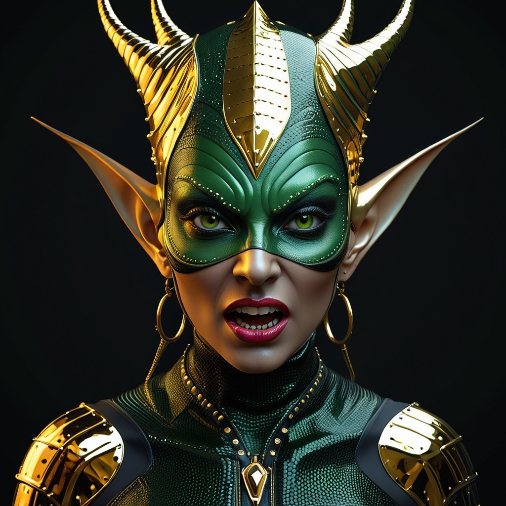 Female character in green and gold costume with mask