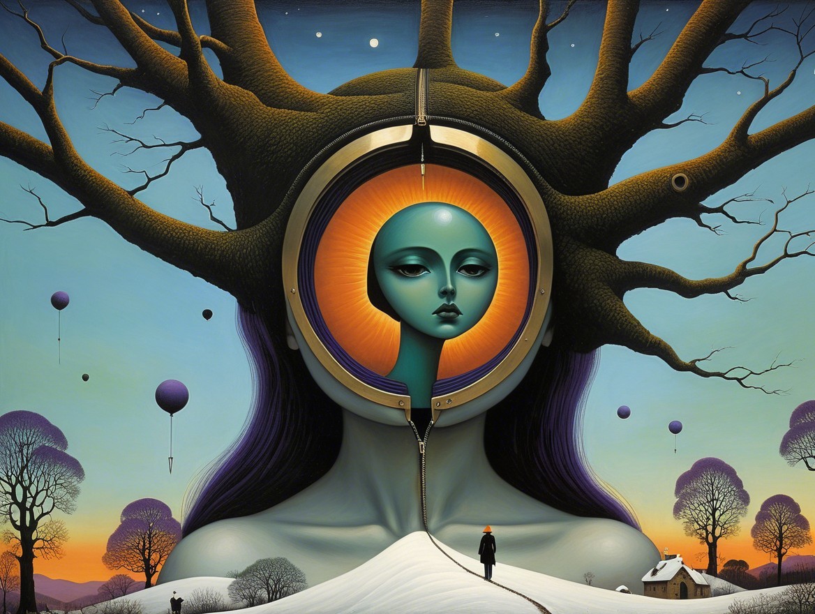 Surreal Landscape with Abstract Figure and Twilight Sky