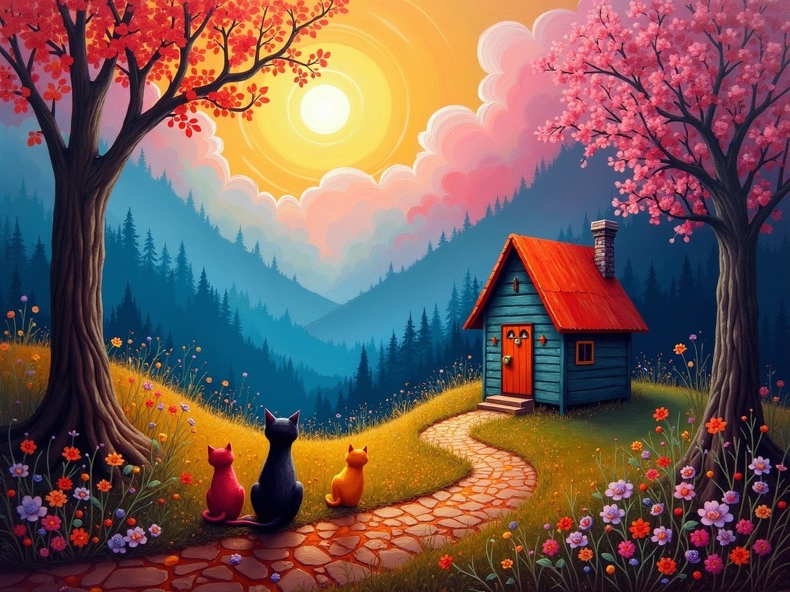 Cozy Cottage Surrounded by Blossoming Trees and Cats