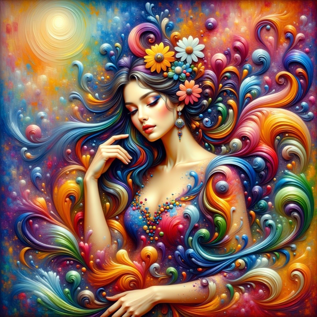 Vibrant Illustration of Woman in Rainbow Patterns