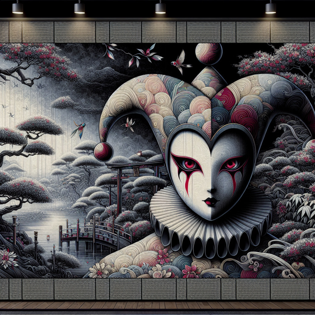 Mural of a jester figure in a serene landscape setting
