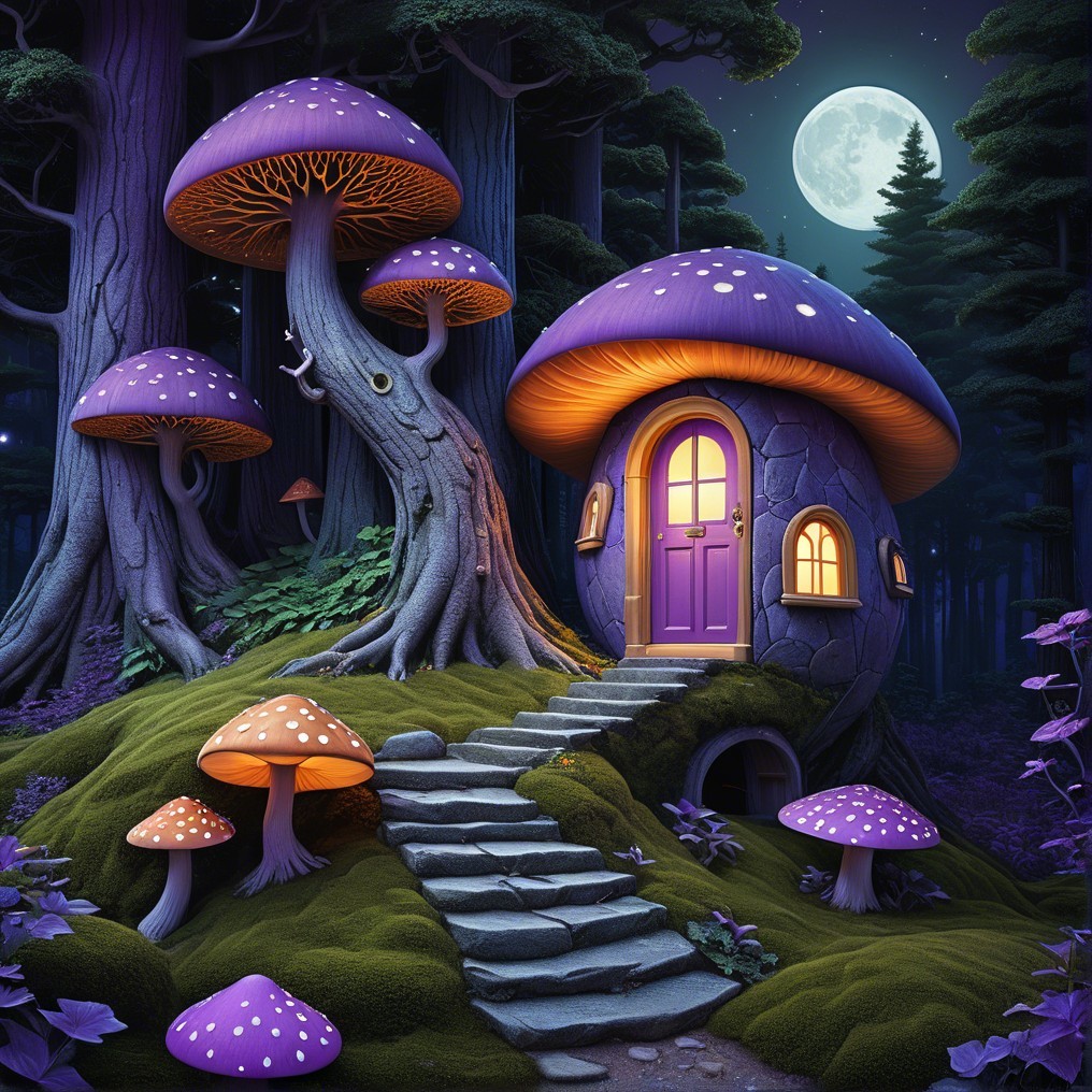 Mushroom-Shaped House in a Mystical Forest Setting