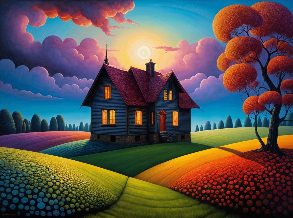 Vibrant Dreamlike Landscape with Colorful House and Hills