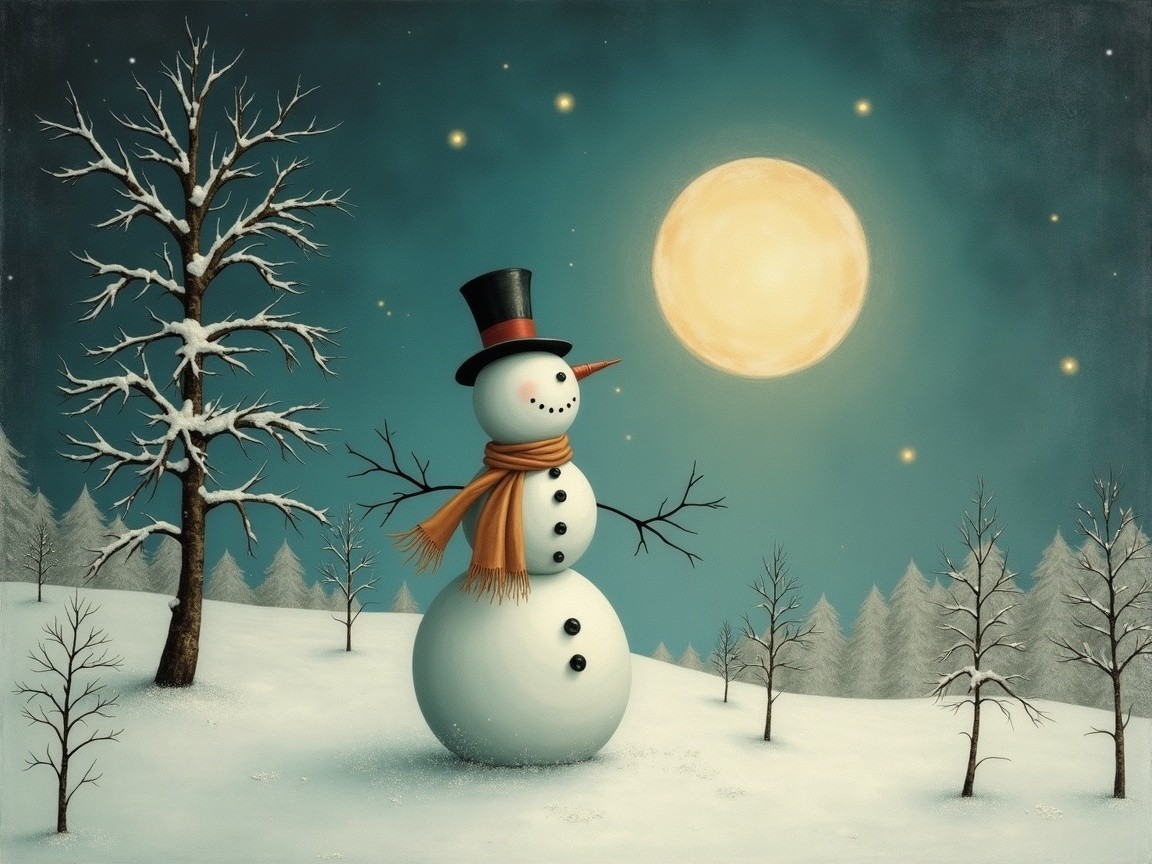 Cheerful snowman in serene winter landscape with moon