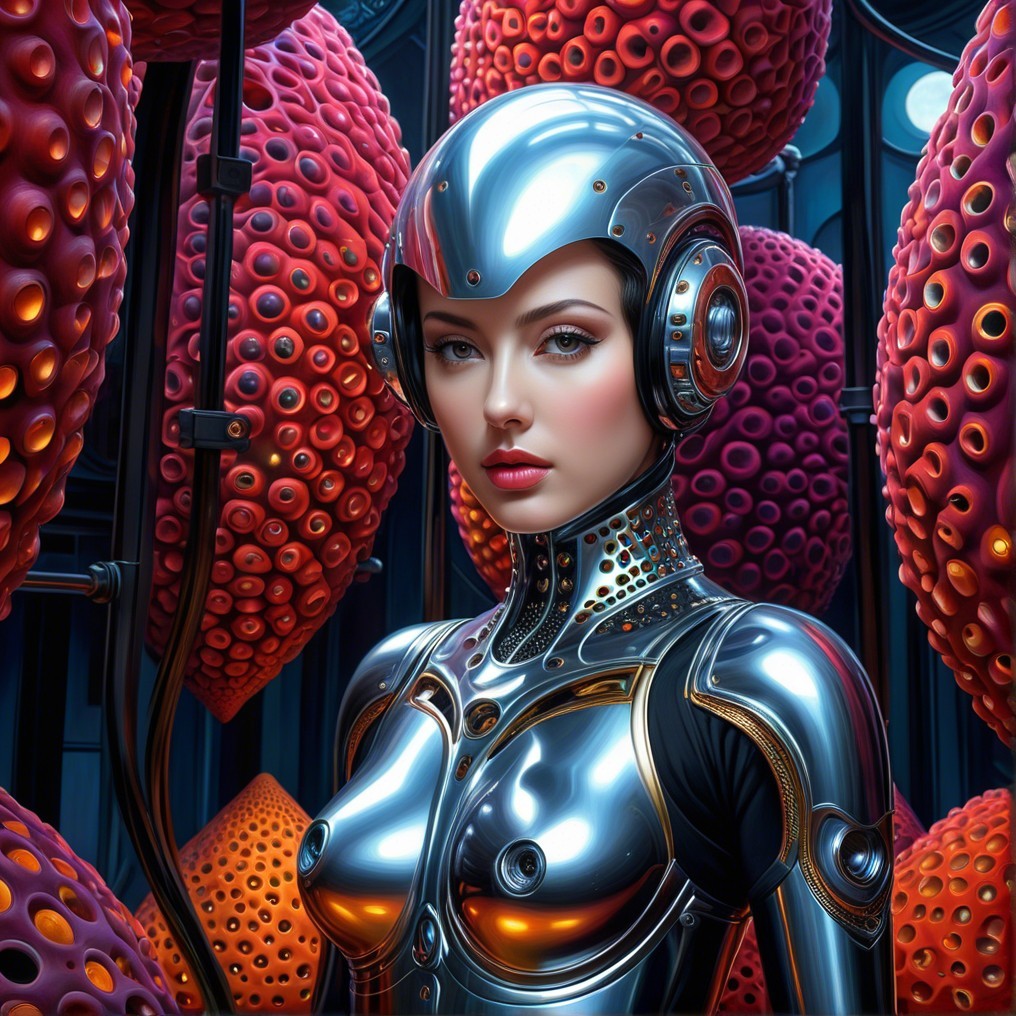 Futuristic female android in vibrant coral-like setting
