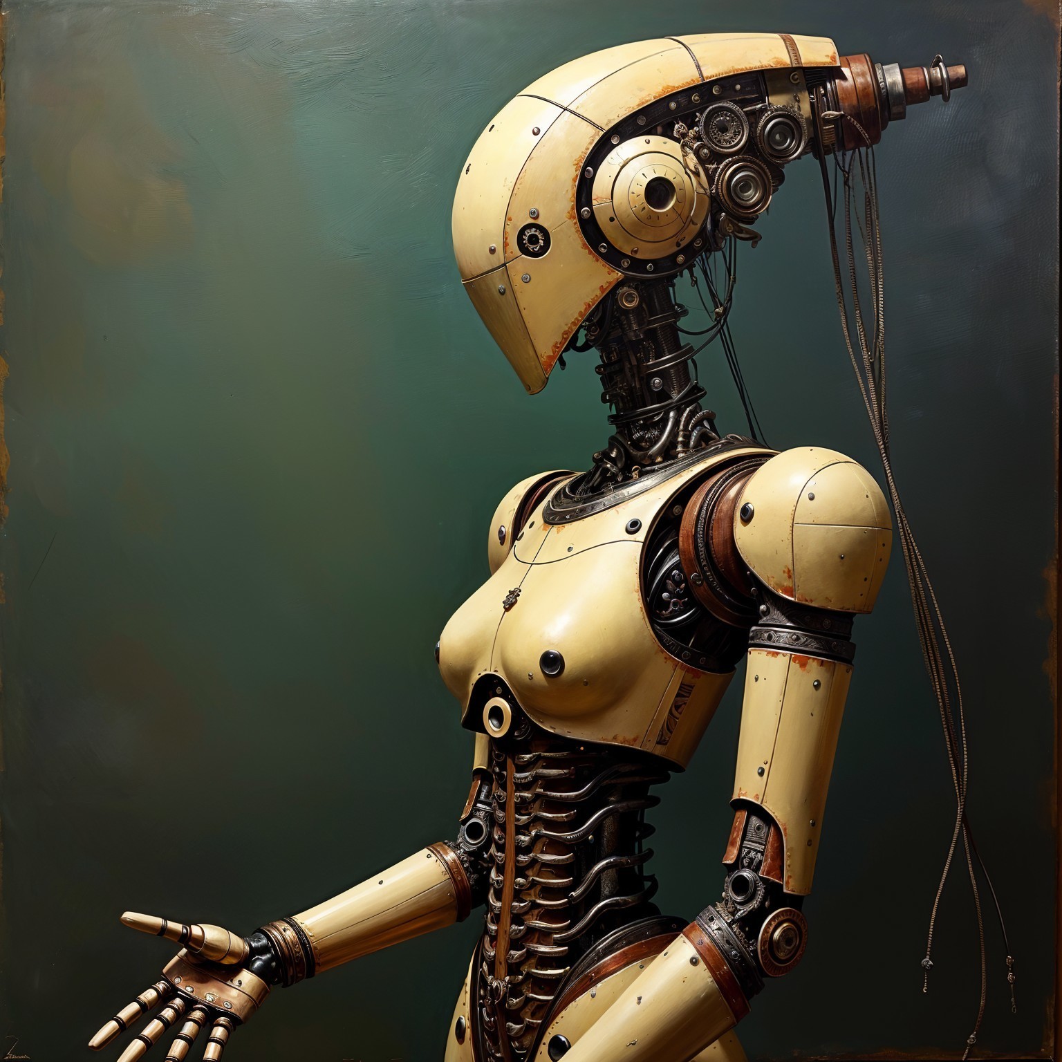 Humanoid robot with sleek metallic design and gears