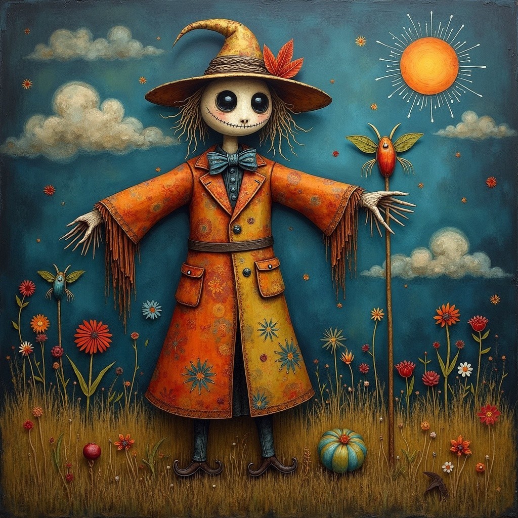 Whimsical Scarecrow in Colorful Flower Field