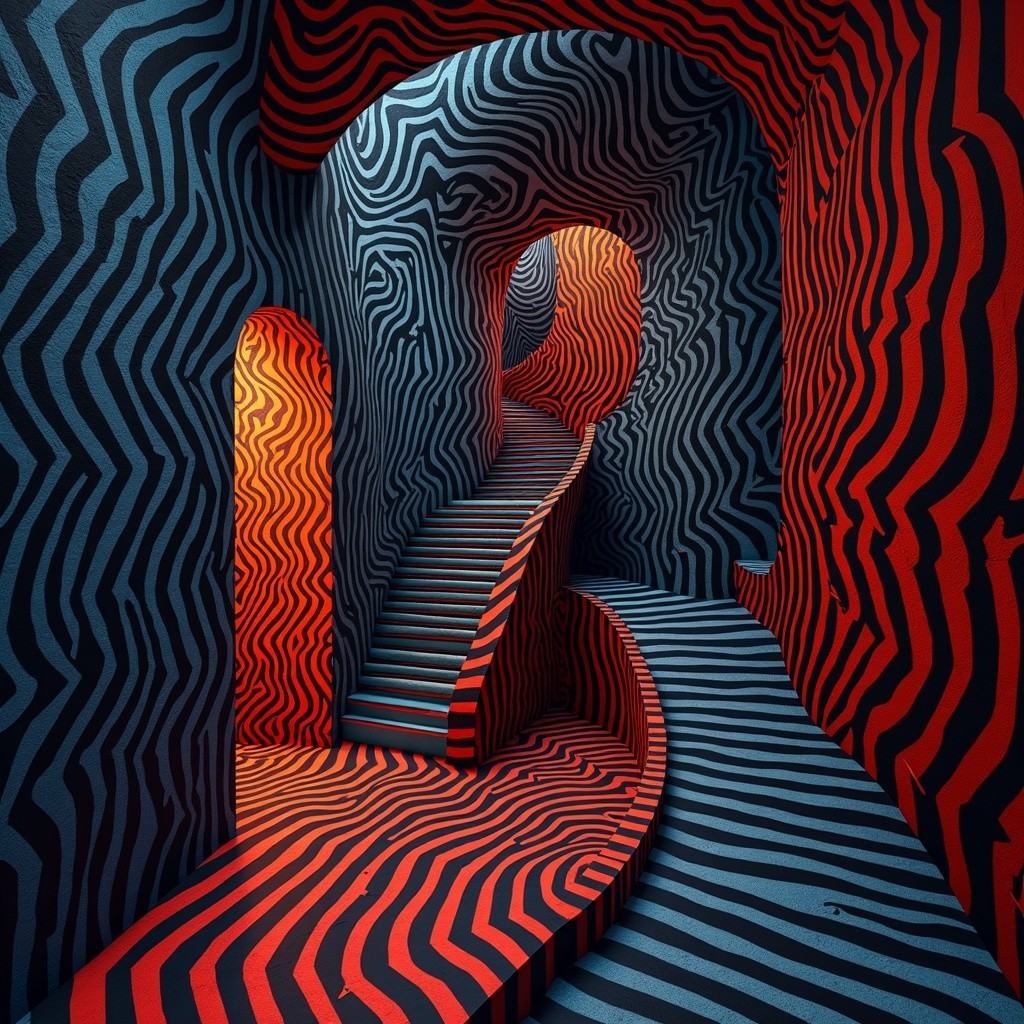 Interior with Bold Red and Blue Patterns and Curved Stairs