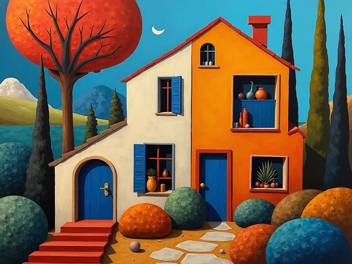 Whimsical House in Scenic Landscape with Vibrant Colors