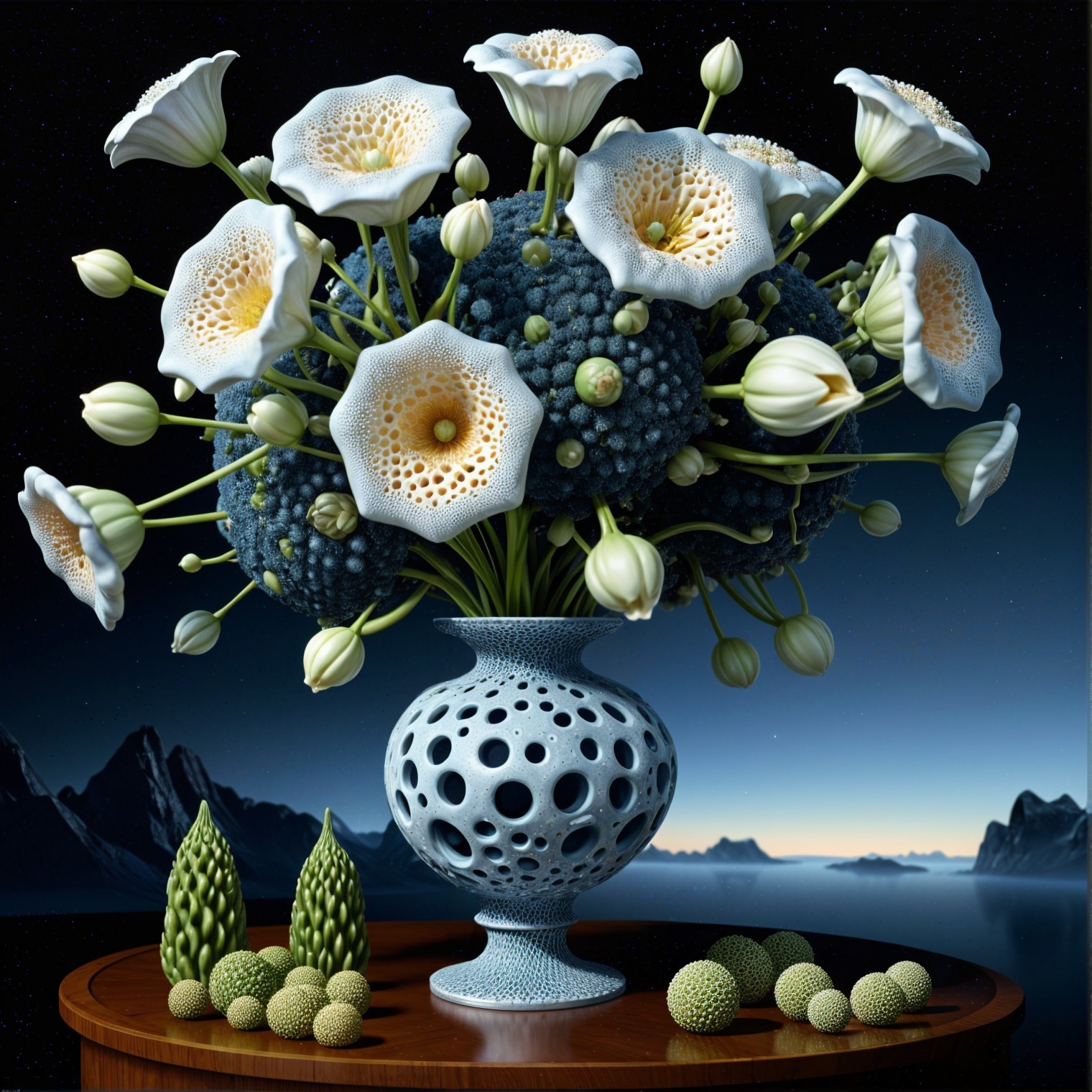 Floral Arrangement in Blue Vase with Textured Elements